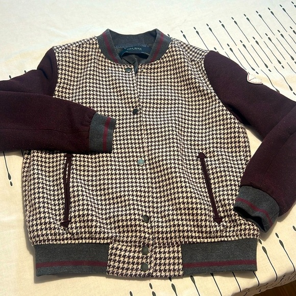 Zara Collection burgundy,  cream, and gray varsity jacket. Size Small. - Picture 1 of 7